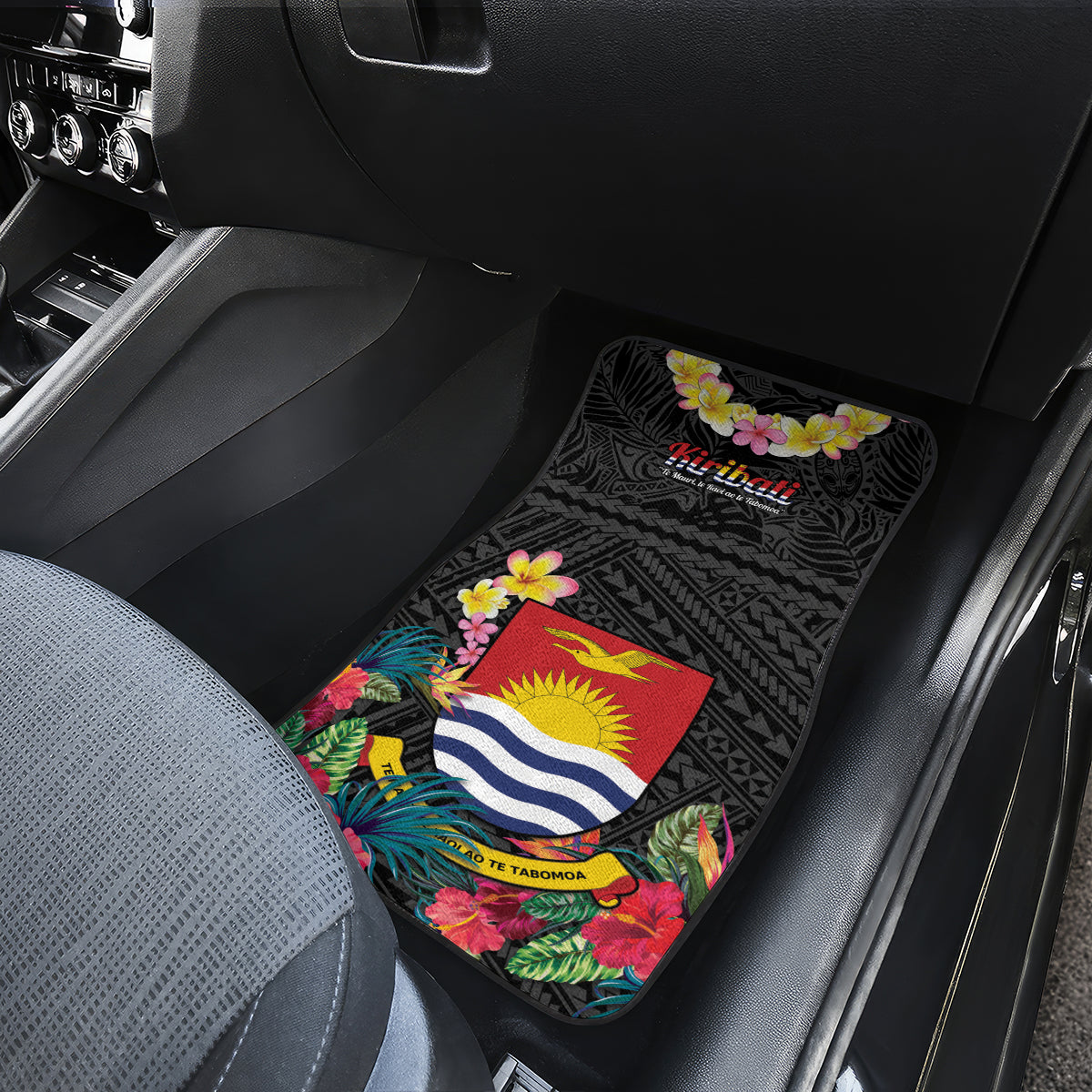 Kiribati Independence Day Car Mats Frigatebird Mix Tropical Flowers - Black Style