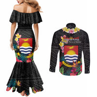 Kiribati Independence Day Couples Matching Mermaid Dress and Long Sleeve Button Shirt Frigatebird Mix Tropical Flowers - Black Style