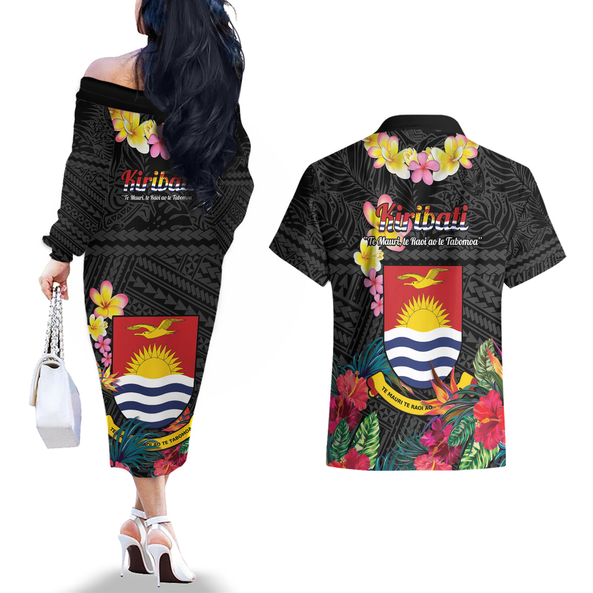 Kiribati Independence Day Couples Matching Off The Shoulder Long Sleeve Dress and Hawaiian Shirt Frigatebird Mix Tropical Flowers - Black Style