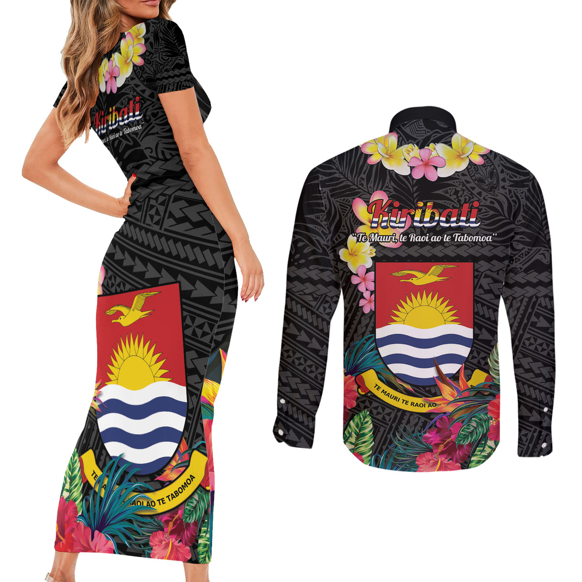 Kiribati Independence Day Couples Matching Short Sleeve Bodycon Dress and Long Sleeve Button Shirt Frigatebird Mix Tropical Flowers - Black Style