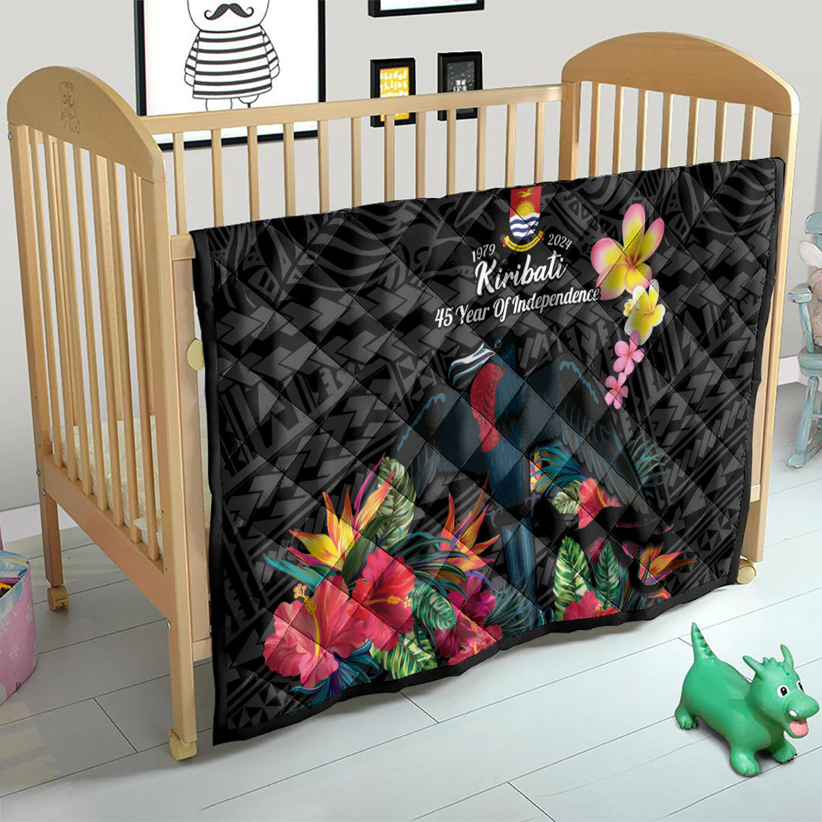 Kiribati Independence Day Quilt Frigatebird Mix Tropical Flowers - Black Style