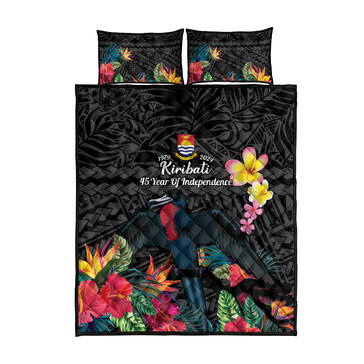 Kiribati Independence Day Quilt Bed Set Frigatebird Mix Tropical Flowers - Black Style
