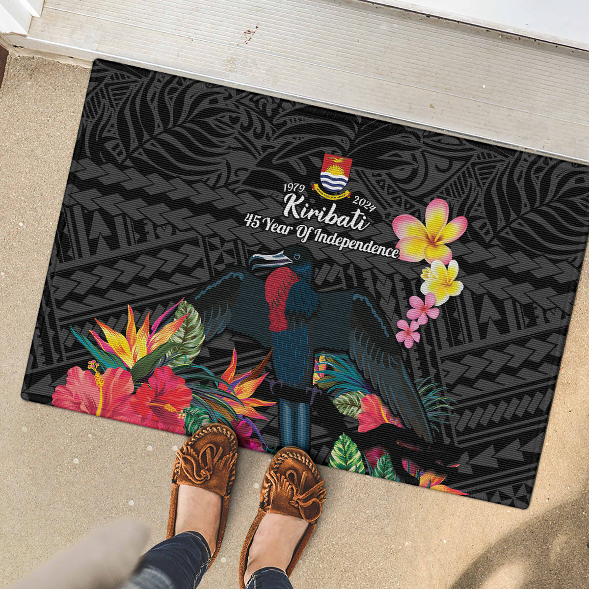 Kiribati Independence Day Rubber Doormat Frigatebird Mix Tropical Flowers - Black Style