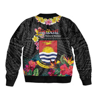 Kiribati Independence Day Sleeve Zip Bomber Jacket Frigatebird Mix Tropical Flowers - Black Style