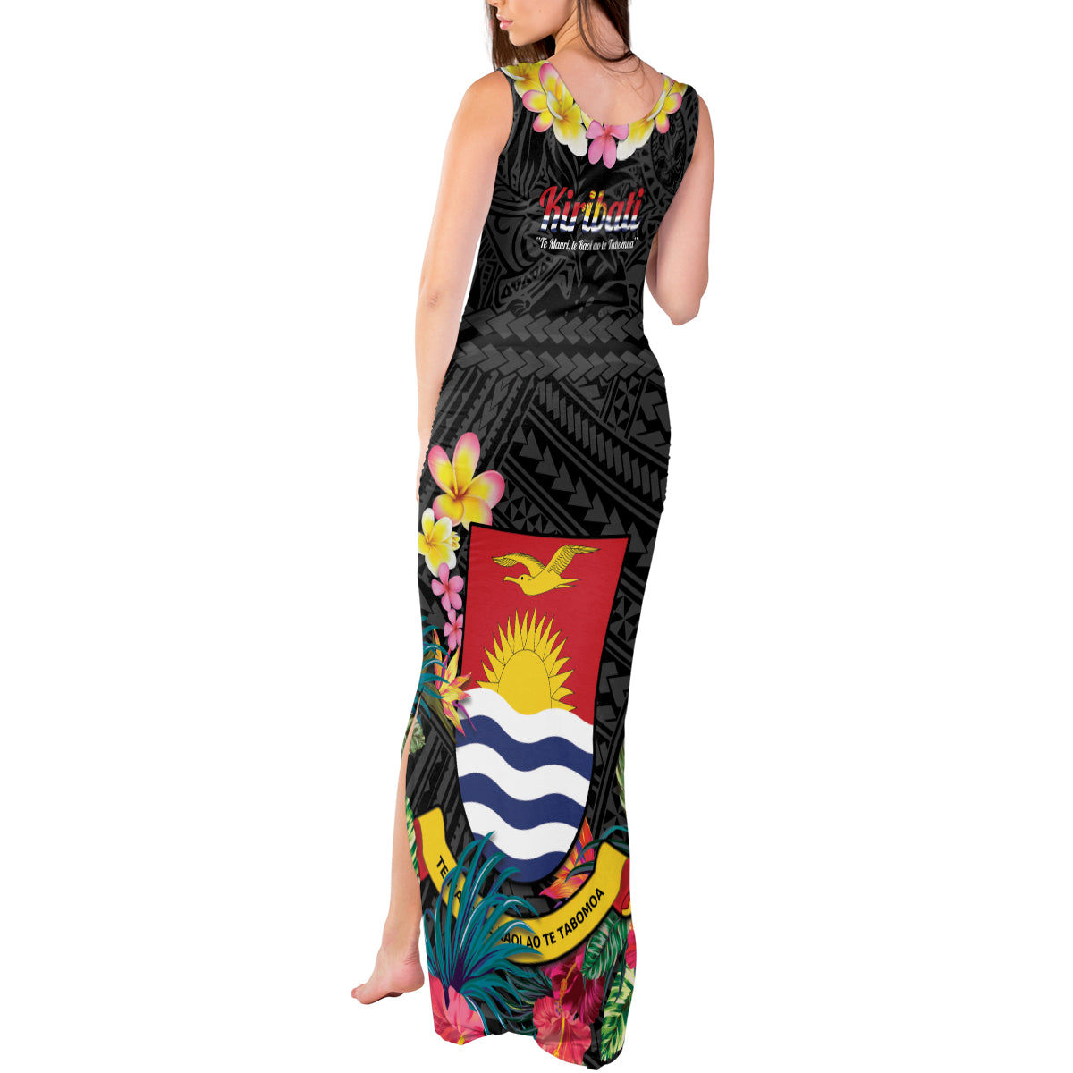 Kiribati Independence Day Tank Maxi Dress Frigatebird Mix Tropical Flowers - Black Style