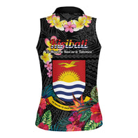 Kiribati Independence Day Women Sleeveless Polo Shirt Frigatebird Mix Tropical Flowers - Black Style