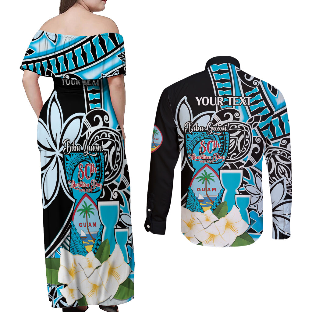 Personalised Guam Liberation Day Couples Matching Off Shoulder Maxi Dress and Long Sleeve Button Shirt Chamorro Latte Stone With Guasali Flowers