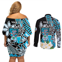Personalised Guam Liberation Day Couples Matching Off Shoulder Short Dress and Long Sleeve Button Shirt Chamorro Latte Stone With Guasali Flowers
