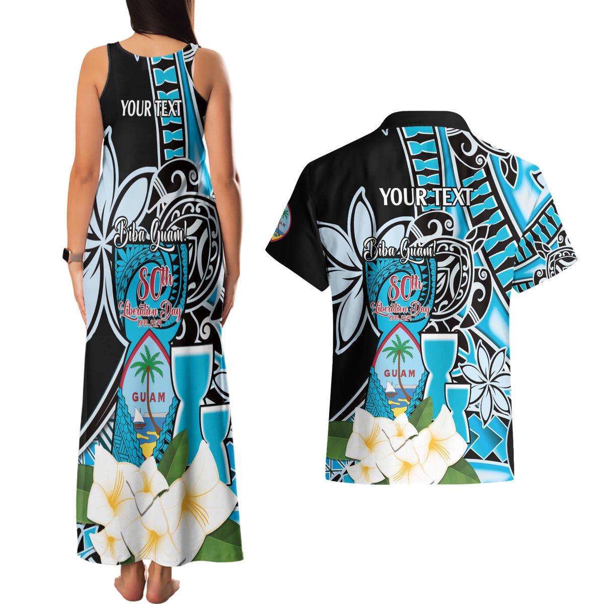Personalised Guam Liberation Day Couples Matching Tank Maxi Dress and Hawaiian Shirt Chamorro Latte Stone With Guasali Flowers