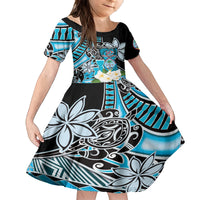 Personalised Guam Liberation Day Family Matching Long Sleeve Bodycon Dress and Hawaiian Shirt 80th Anniversary Chamorro Latte Stone With Guasali Flowers LT14 Daughter's Dress Blue - Polynesian Pride
