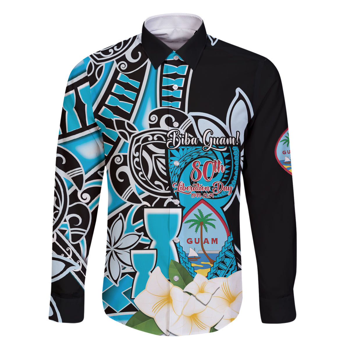 Personalised Guam Liberation Day Family Matching Long Sleeve Bodycon Dress and Hawaiian Shirt 80th Anniversary Chamorro Latte Stone With Guasali Flowers LT14 Dad's Shirt - Long Sleeve Blue - Polynesian Pride