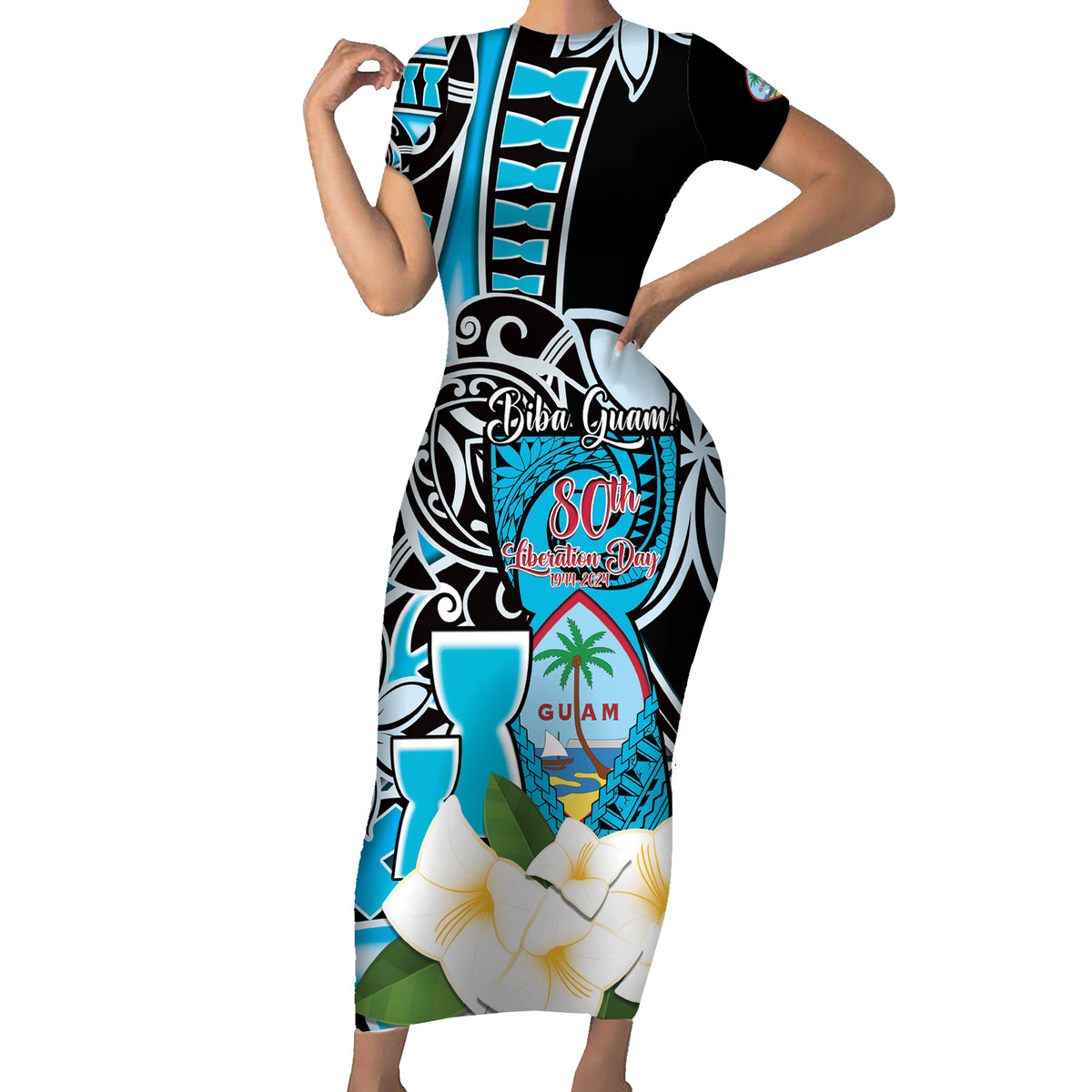 Personalised Guam Liberation Day Short Sleeve Bodycon Dress 80th Anniversary Chamorro Latte Stone With Guasali Flowers LT14 Long Dress Blue - Polynesian Pride