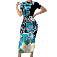 Personalised Guam Liberation Day Short Sleeve Bodycon Dress 80th Anniversary Chamorro Latte Stone With Guasali Flowers LT14 Long Dress Blue - Polynesian Pride