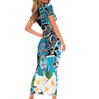 Personalised Guam Liberation Day Short Sleeve Bodycon Dress 80th Anniversary Chamorro Latte Stone With Guasali Flowers LT14 - Polynesian Pride