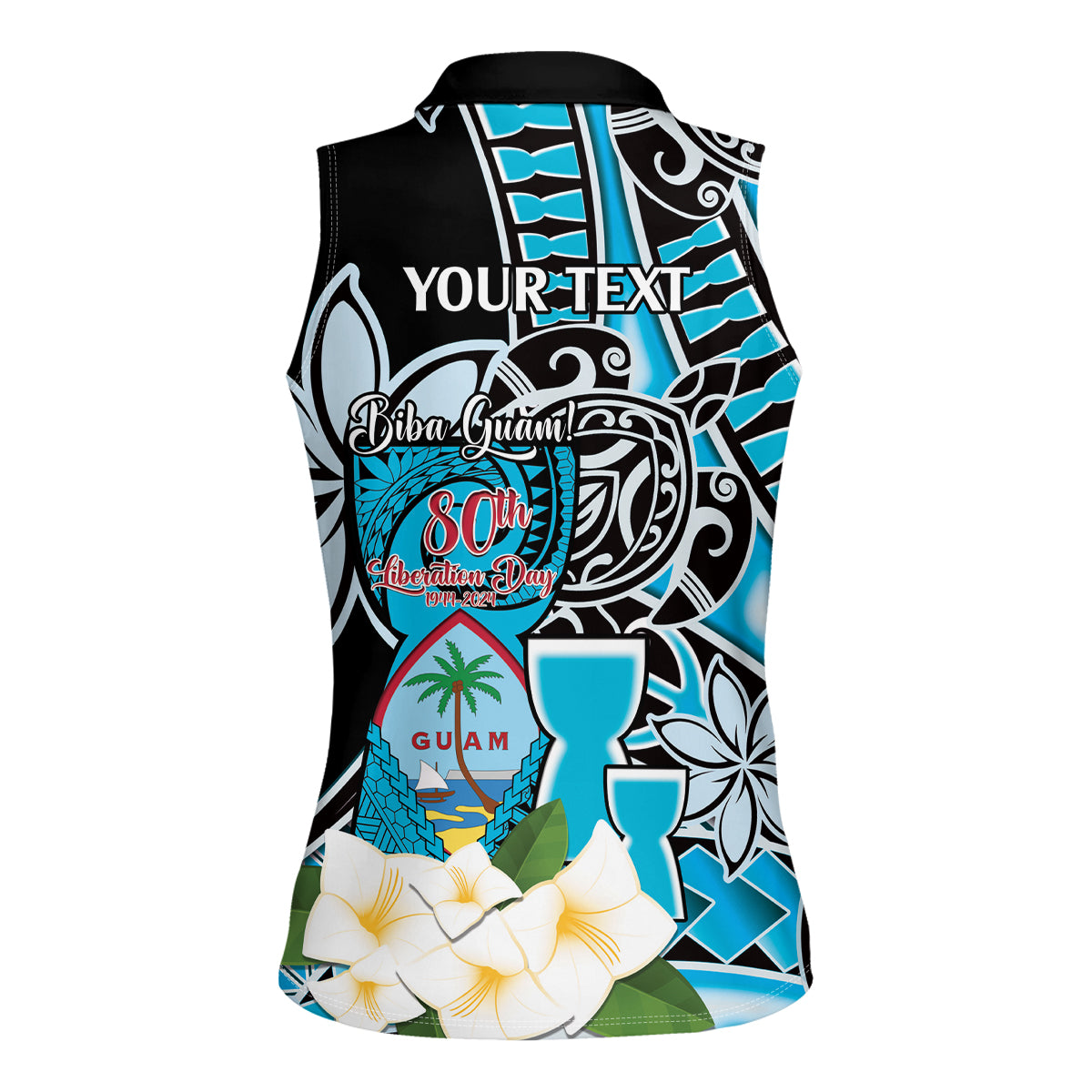Personalised Guam Liberation Day Women Sleeveless Polo Shirt Chamorro Latte Stone With Guasali Flowers