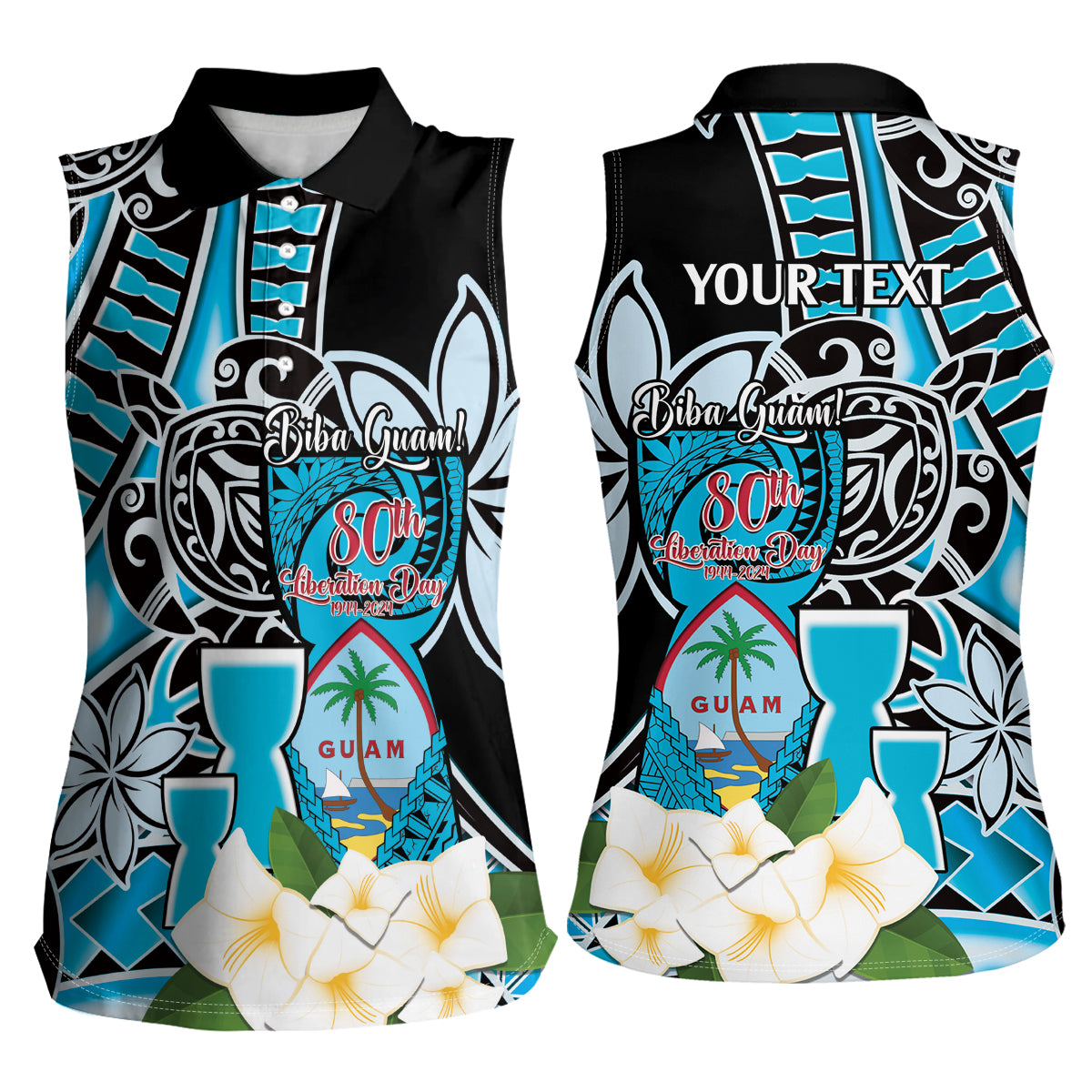 Personalised Guam Liberation Day Women Sleeveless Polo Shirt Chamorro Latte Stone With Guasali Flowers