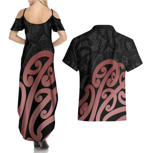 Personalised New Zealand Rugby Couples Matching Summer Maxi Dress and Hawaiian Shirt Aotearoa Ka Mate Haka All Black Mix Ta Moko Green Style LT9