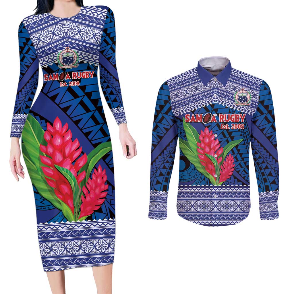 Custom Samoa Rugby Couples Matching Long Sleeve Bodycon Dress and Long Sleeve Button Shirt 2024 Go Champions Samoan Gingers LT14 Blue - Polynesian Pride