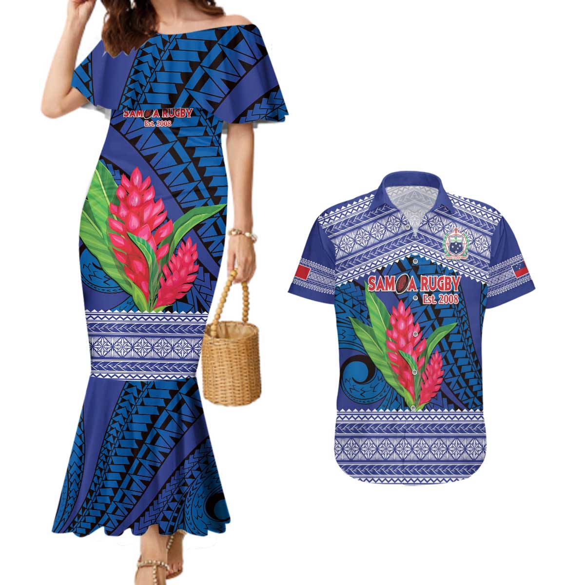 Custom Samoa Rugby Couples Matching Mermaid Dress and Hawaiian Shirt 2024 Go Champions Samoan Gingers LT14 Blue - Polynesian Pride