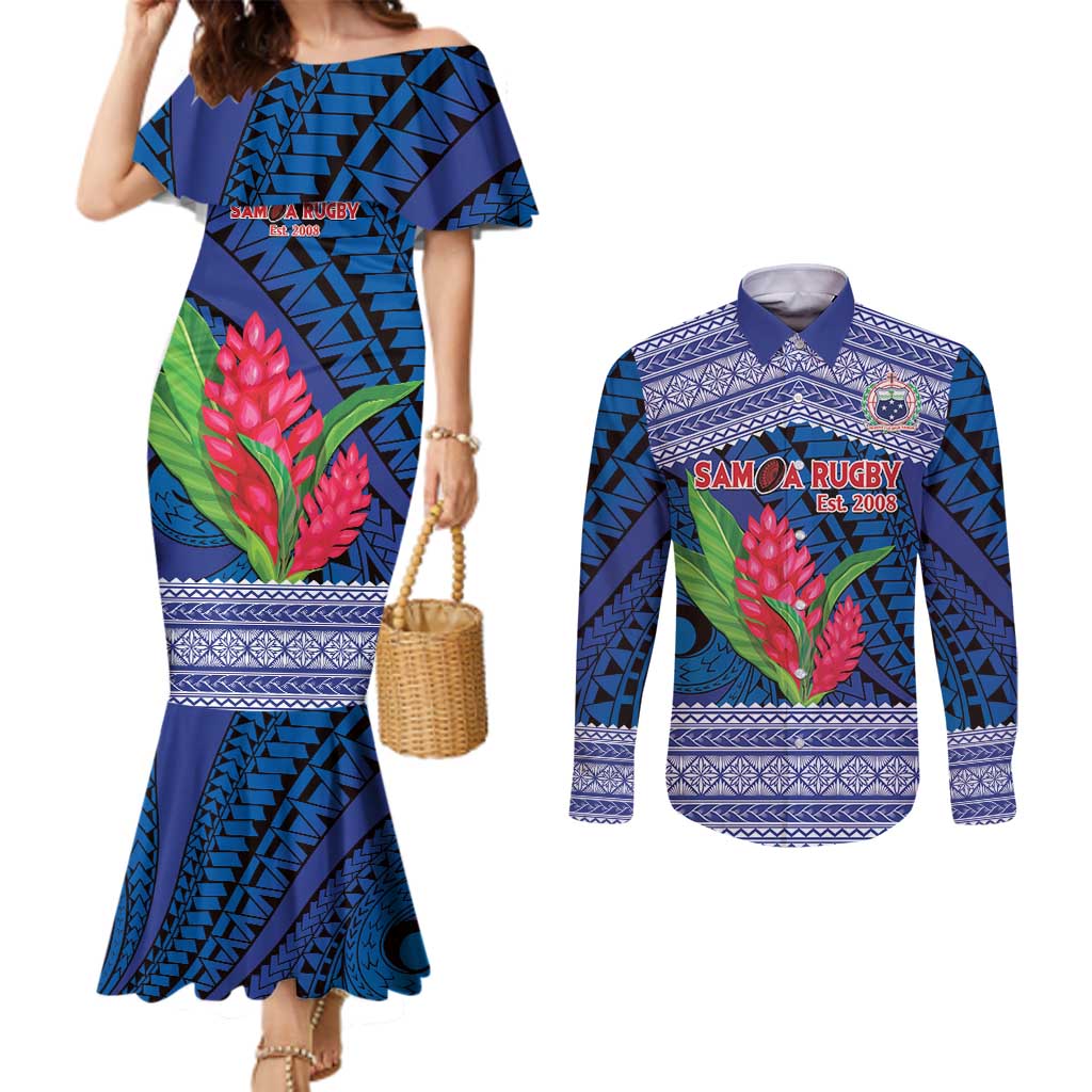 Custom Samoa Rugby Couples Matching Mermaid Dress and Long Sleeve Button Shirt 2024 Go Champions Samoan Gingers LT14 Blue - Polynesian Pride