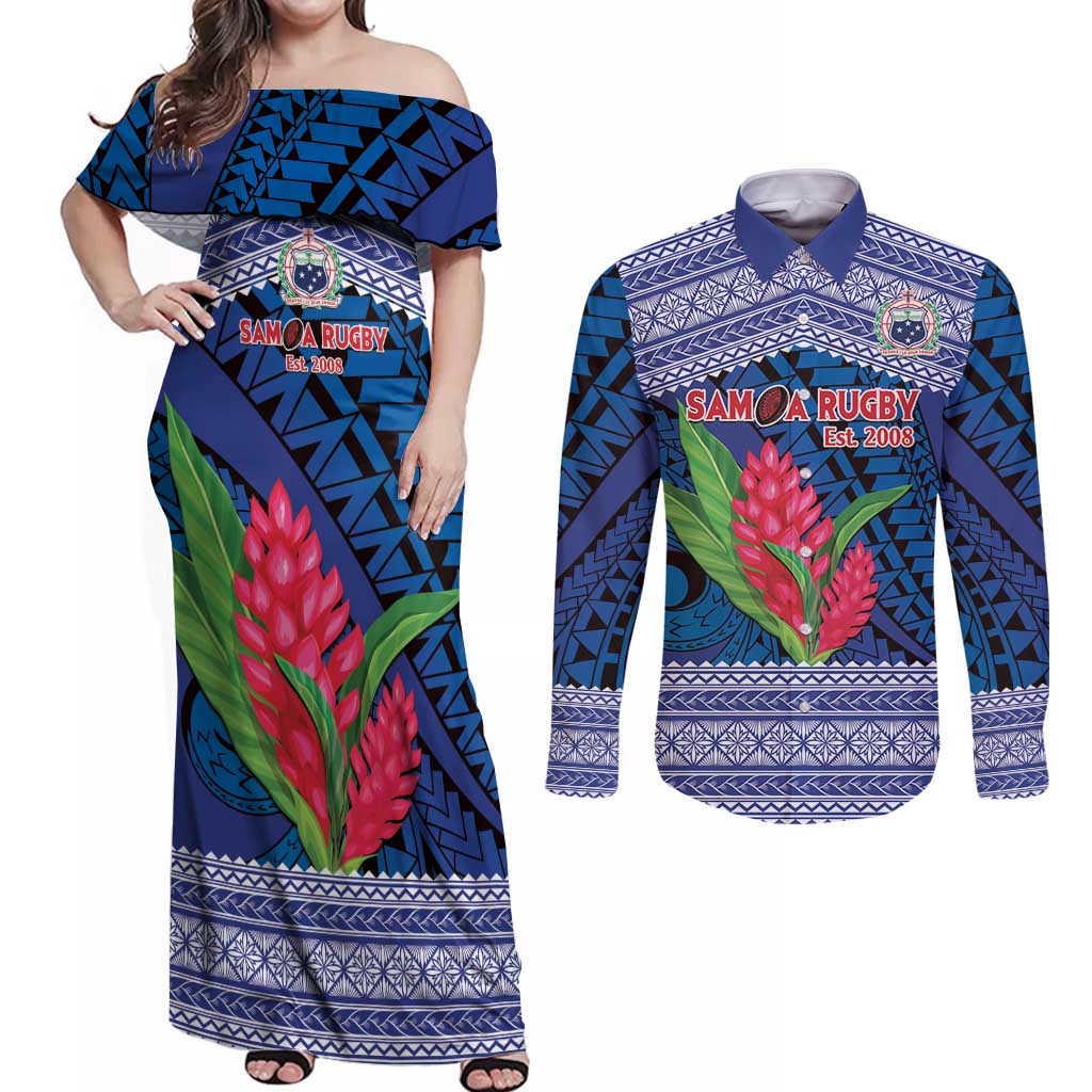 Custom Samoa Rugby Couples Matching Off Shoulder Maxi Dress and Long Sleeve Button Shirt 2024 Go Champions Samoan Gingers LT14 Blue - Polynesian Pride