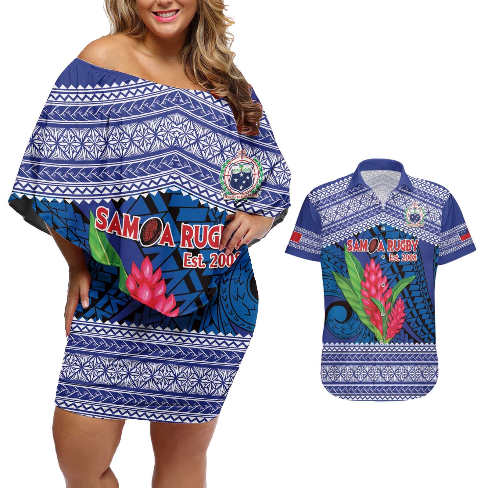 Custom Samoa Rugby Couples Matching Off Shoulder Short Dress and Hawaiian Shirt 2024 Go Champions Samoan Gingers LT14 Blue - Polynesian Pride