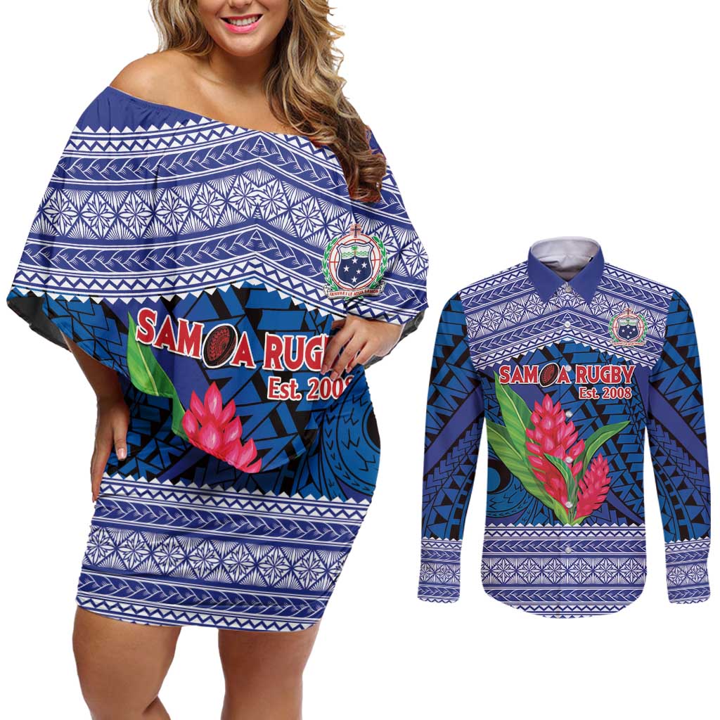 Custom Samoa Rugby Couples Matching Off Shoulder Short Dress and Long Sleeve Button Shirt 2024 Go Champions Samoan Gingers LT14 Blue - Polynesian Pride