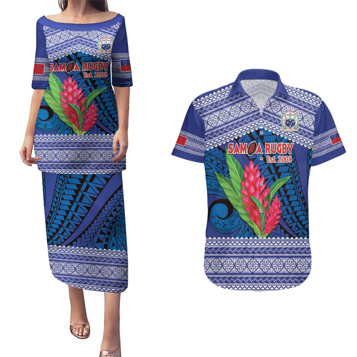 Custom Samoa Rugby Couples Matching Puletasi and Hawaiian Shirt 2024 Go Champions Samoan Gingers LT14 Blue - Polynesian Pride