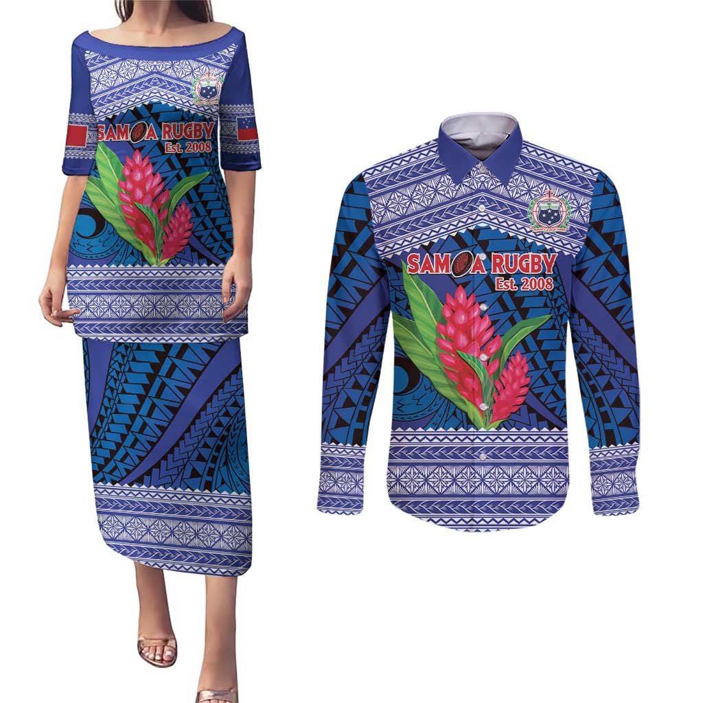 Custom Samoa Rugby Couples Matching Puletasi and Long Sleeve Button Shirt 2024 Go Champions Samoan Gingers LT14 Blue - Polynesian Pride