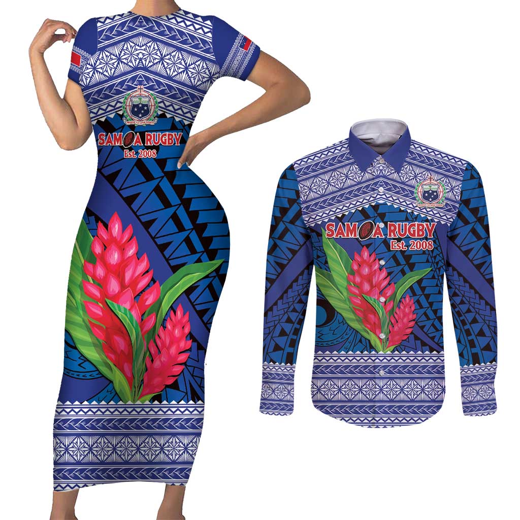 Custom Samoa Rugby Couples Matching Short Sleeve Bodycon Dress and Long Sleeve Button Shirt 2024 Go Champions Samoan Gingers LT14 Blue - Polynesian Pride