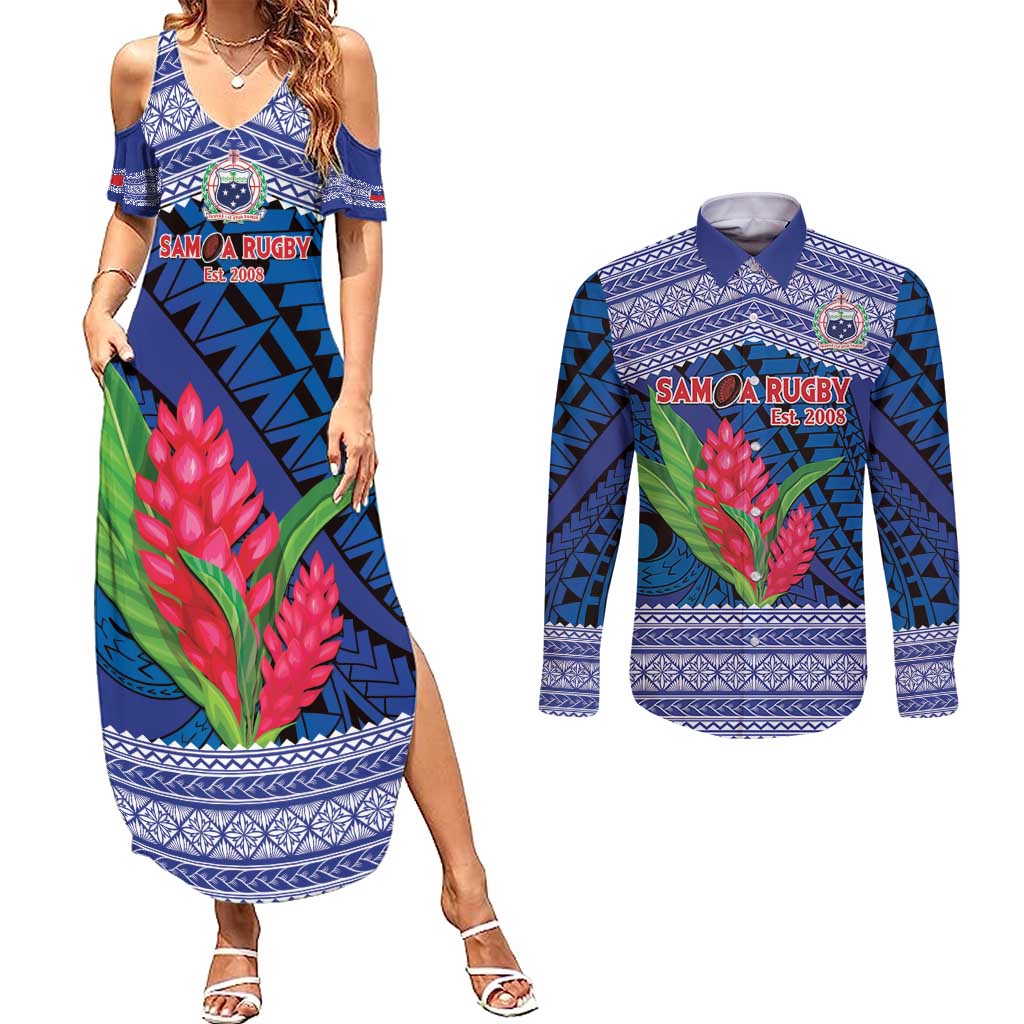 Custom Samoa Rugby Couples Matching Summer Maxi Dress and Long Sleeve Button Shirt 2024 Go Champions Samoan Gingers LT14 Blue - Polynesian Pride