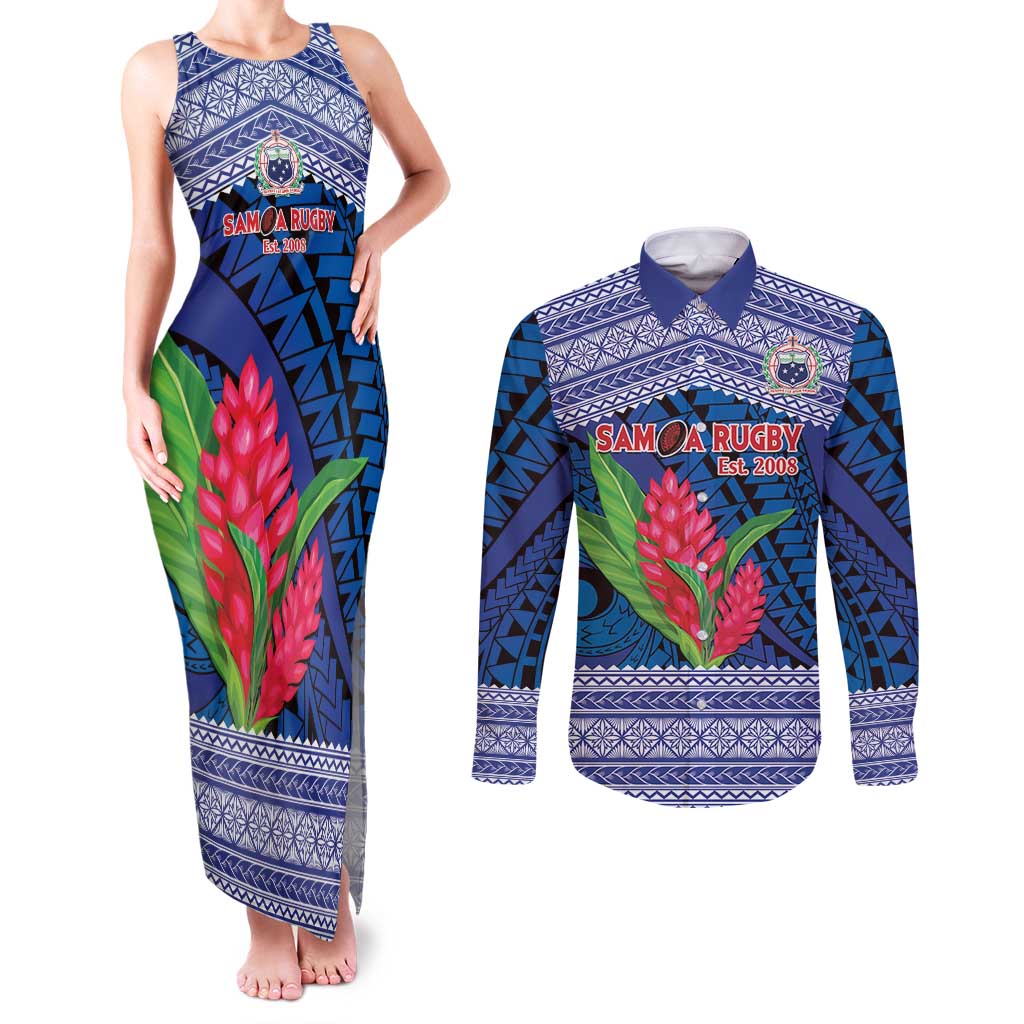 Custom Samoa Rugby Couples Matching Tank Maxi Dress and Long Sleeve Button Shirt 2024 Go Champions Samoan Gingers LT14 Blue - Polynesian Pride