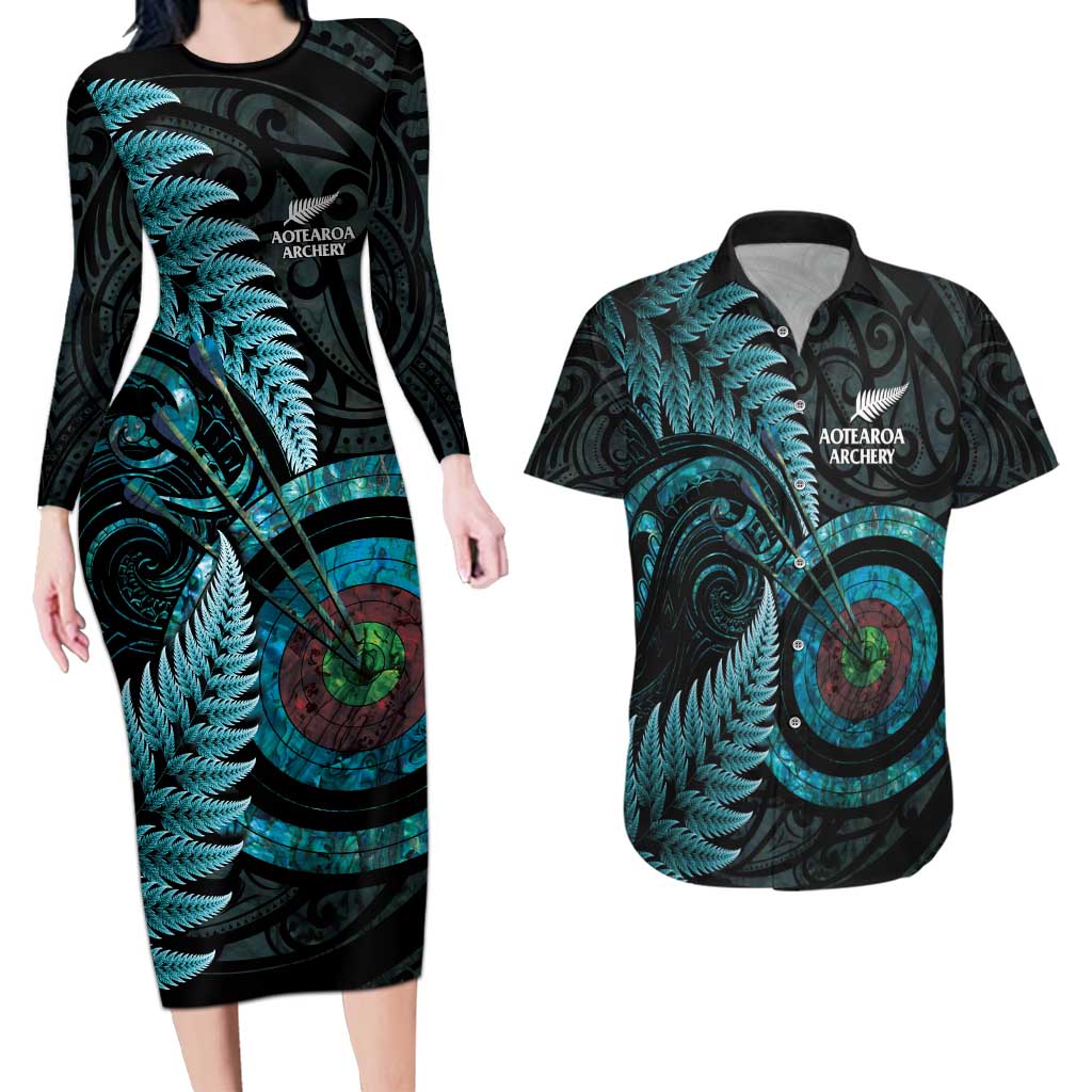 New Zealand Archery Couples Matching Long Sleeve Bodycon Dress and Hawaiian Shirt Aotearoa Silver Fern Maori - Polynesian Pride