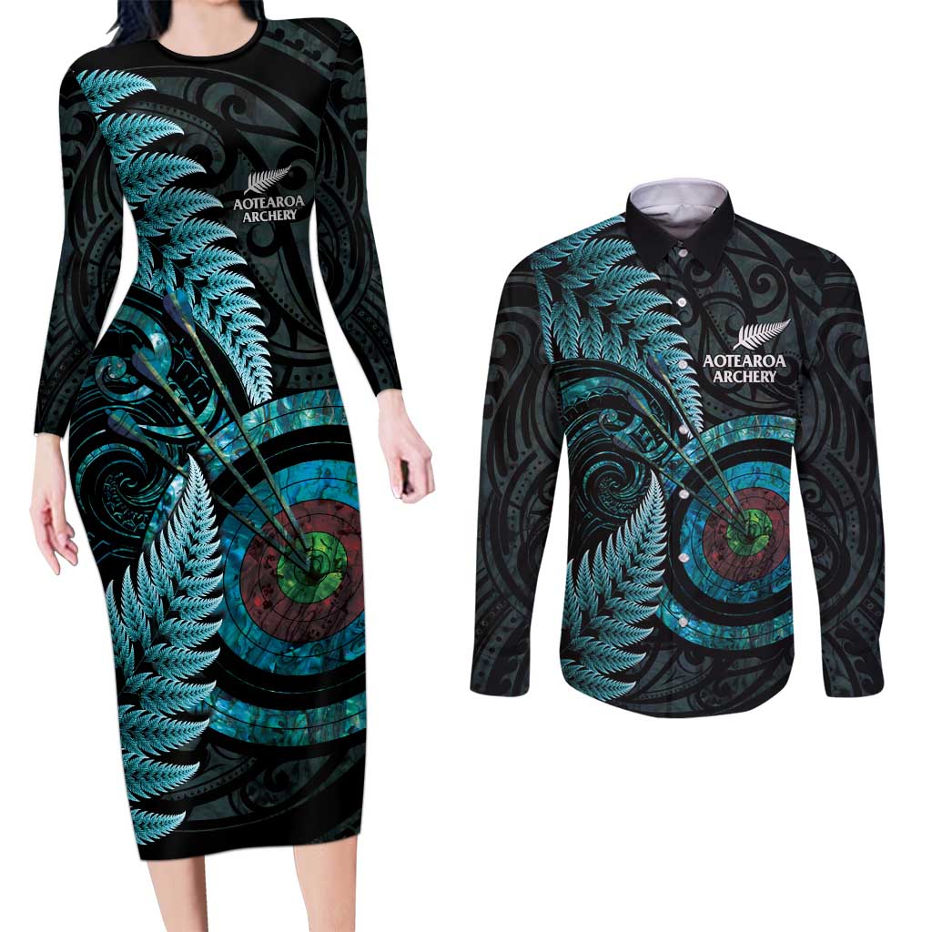 New Zealand Archery Couples Matching Long Sleeve Bodycon Dress and Long Sleeve Button Shirt Aotearoa Silver Fern Maori - Polynesian Pride