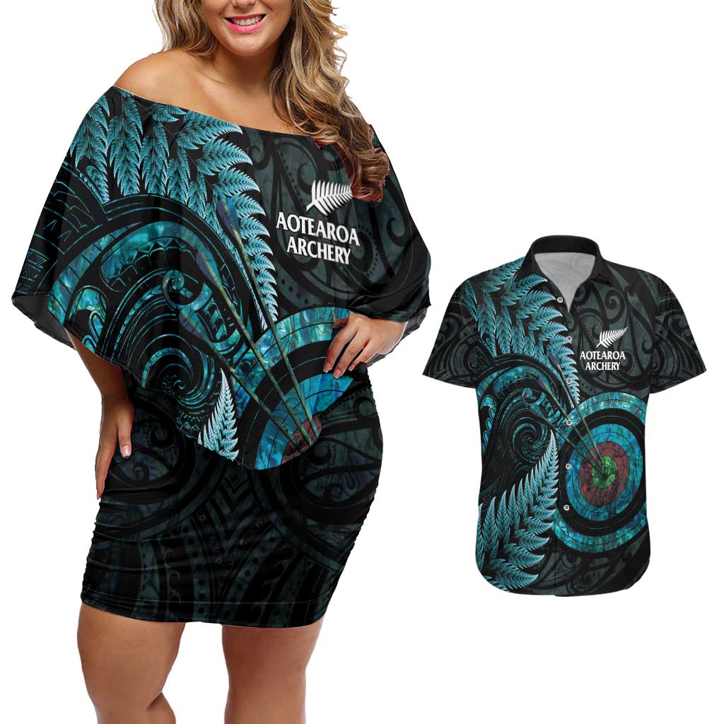 New Zealand Archery Couples Matching Off Shoulder Short Dress and Hawaiian Shirt Aotearoa Silver Fern Maori - Polynesian Pride