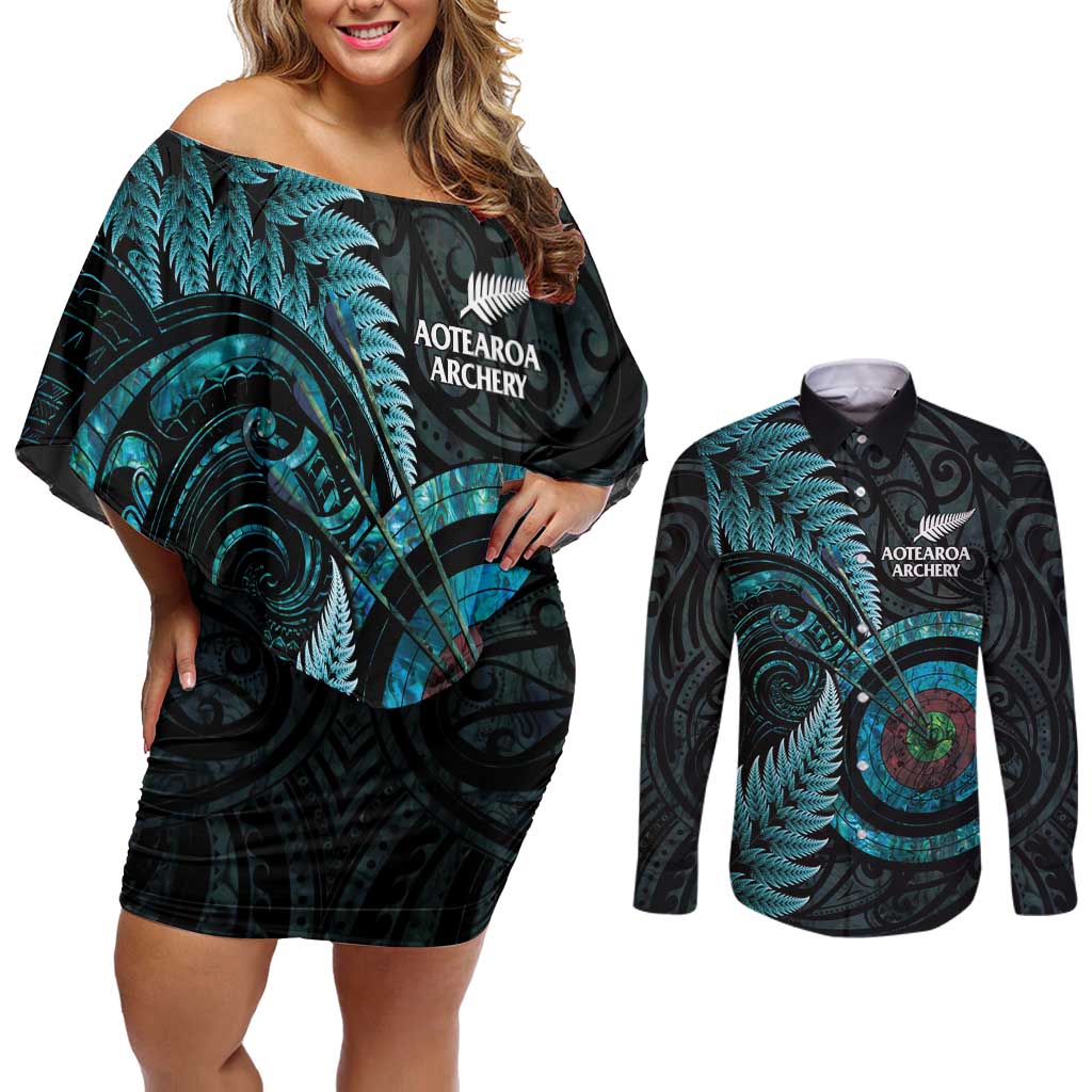 New Zealand Archery Couples Matching Off Shoulder Short Dress and Long Sleeve Button Shirt Aotearoa Silver Fern Maori - Polynesian Pride