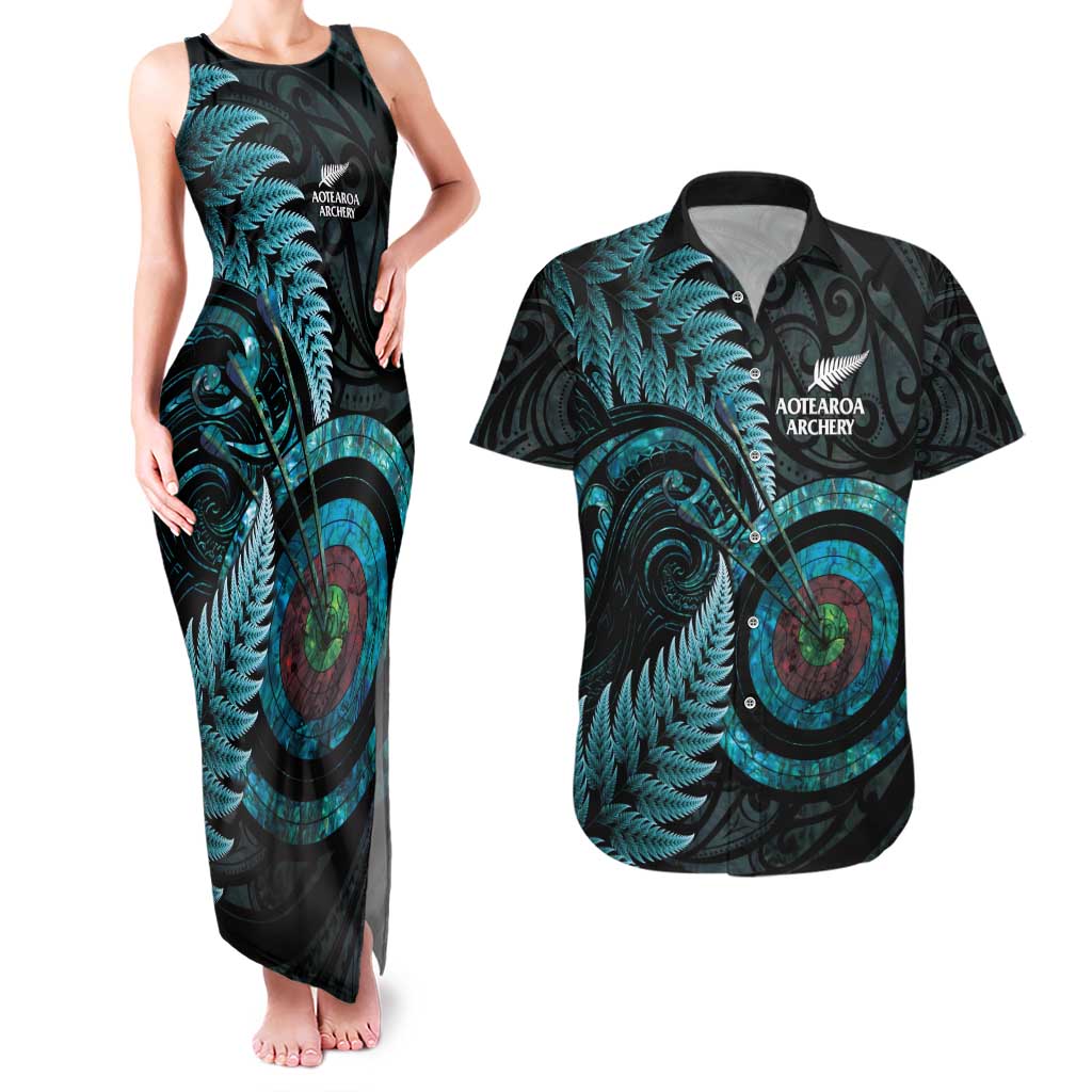 New Zealand Archery Couples Matching Tank Maxi Dress and Hawaiian Shirt Aotearoa Silver Fern Maori - Polynesian Pride