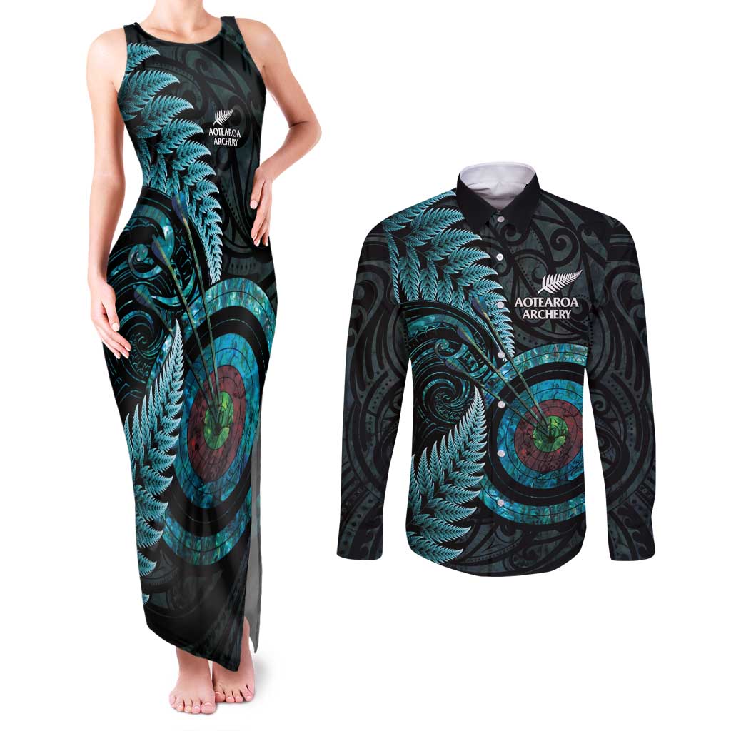 New Zealand Archery Couples Matching Tank Maxi Dress and Long Sleeve Button Shirt Aotearoa Silver Fern Maori - Polynesian Pride