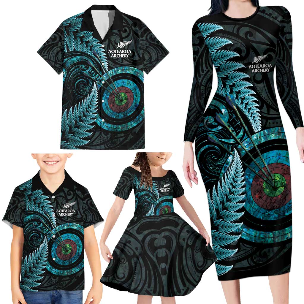 New Zealand Archery Family Matching Long Sleeve Bodycon Dress and Hawaiian Shirt Aotearoa Silver Fern Maori - Polynesian Pride