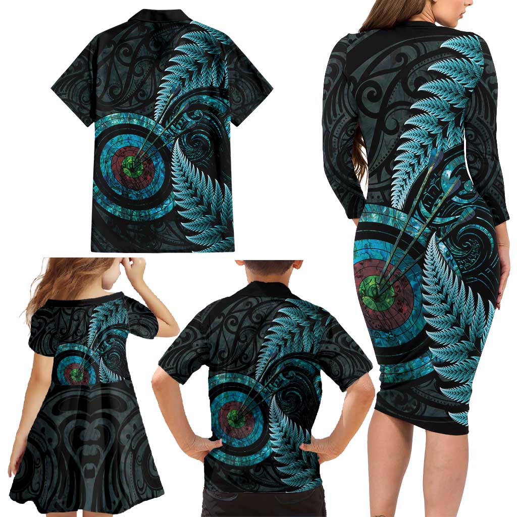 New Zealand Archery Family Matching Long Sleeve Bodycon Dress and Hawaiian Shirt Aotearoa Silver Fern Maori - Polynesian Pride