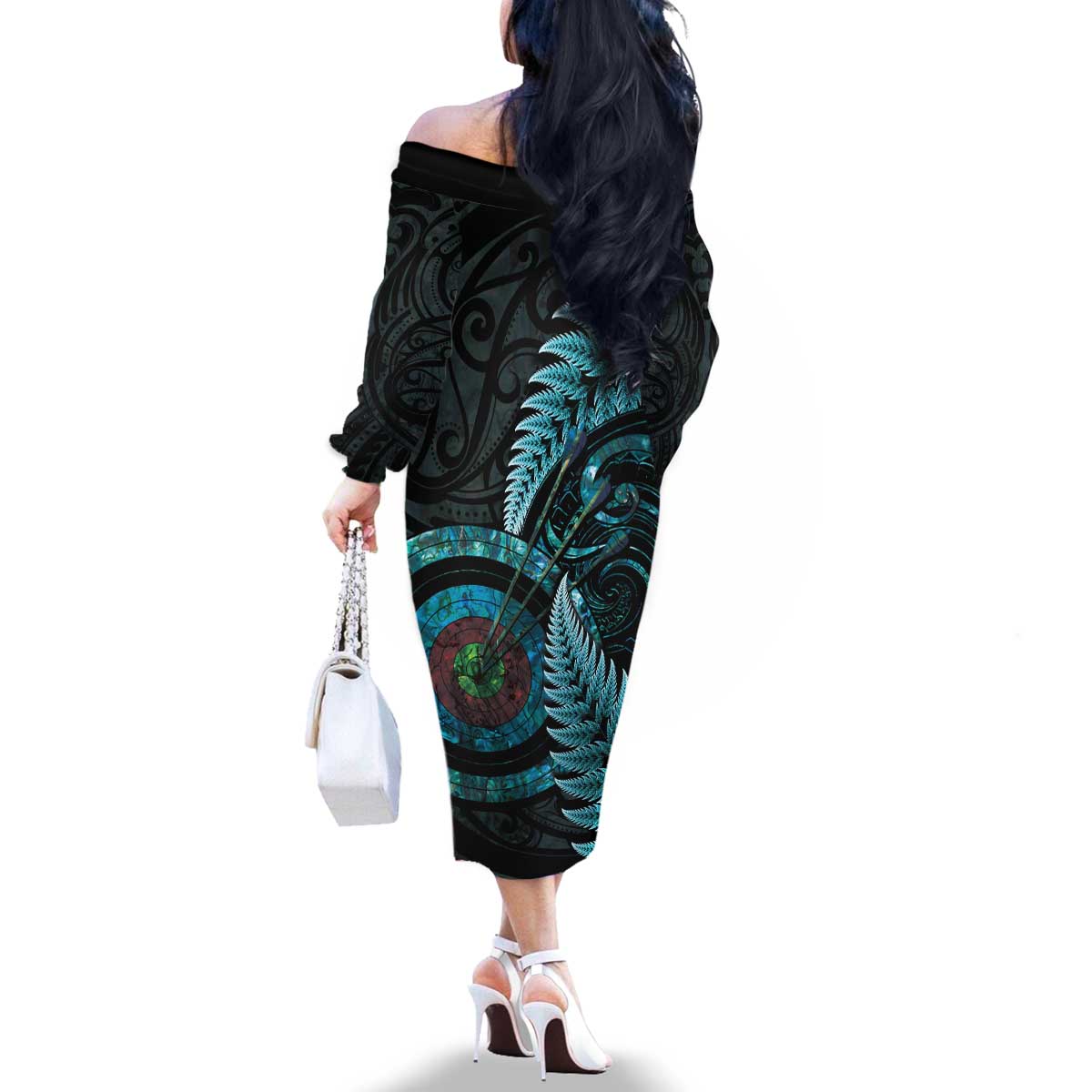 New Zealand Archery Family Matching Off The Shoulder Long Sleeve Dress and Hawaiian Shirt Aotearoa Silver Fern Maori - Polynesian Pride