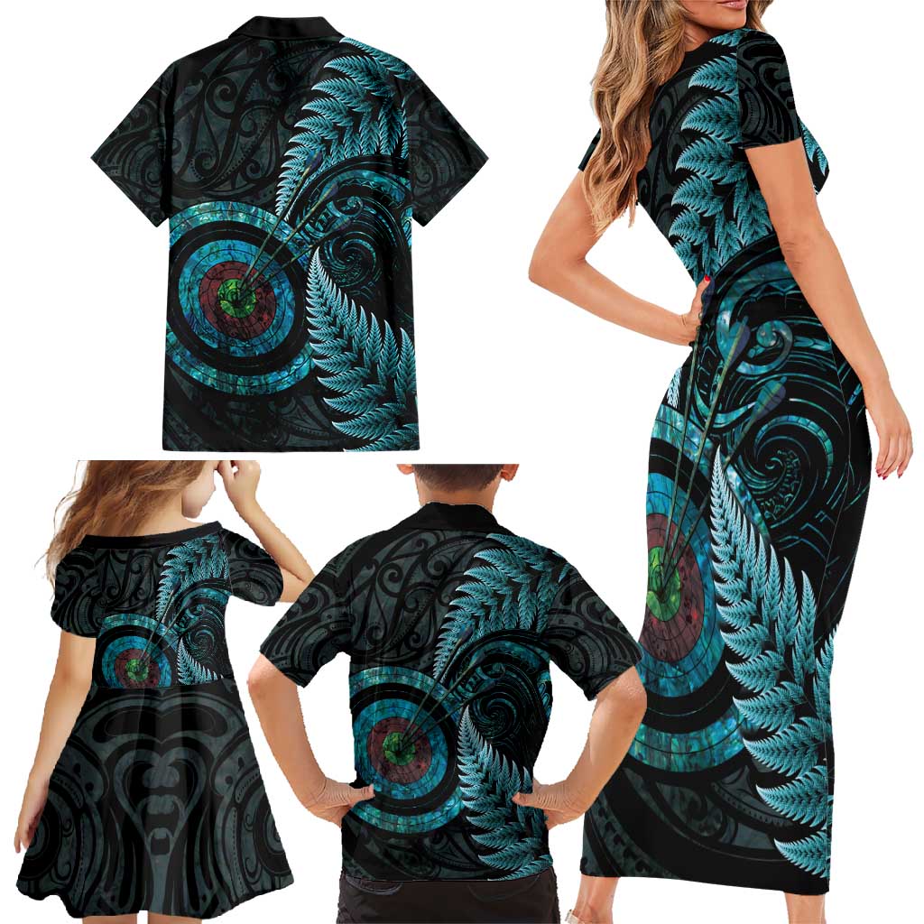 New Zealand Archery Family Matching Short Sleeve Bodycon Dress and Hawaiian Shirt Aotearoa Silver Fern Maori - Polynesian Pride