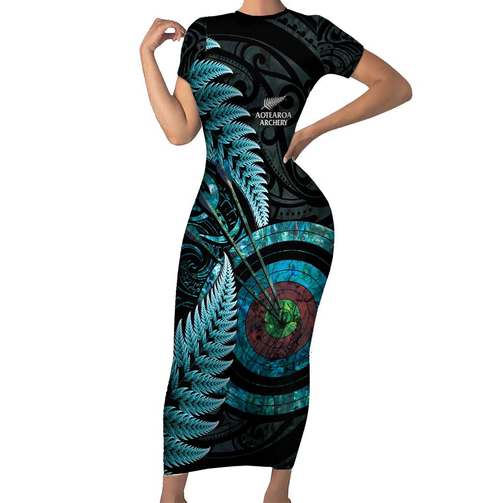 New Zealand Archery Family Matching Short Sleeve Bodycon Dress and Hawaiian Shirt Aotearoa Silver Fern Maori - Polynesian Pride