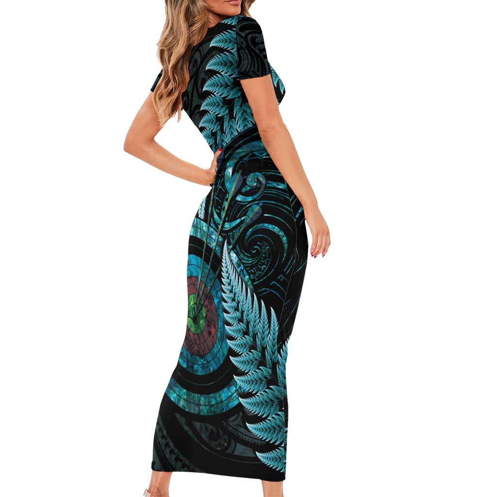 New Zealand Archery Family Matching Short Sleeve Bodycon Dress and Hawaiian Shirt Aotearoa Silver Fern Maori - Polynesian Pride