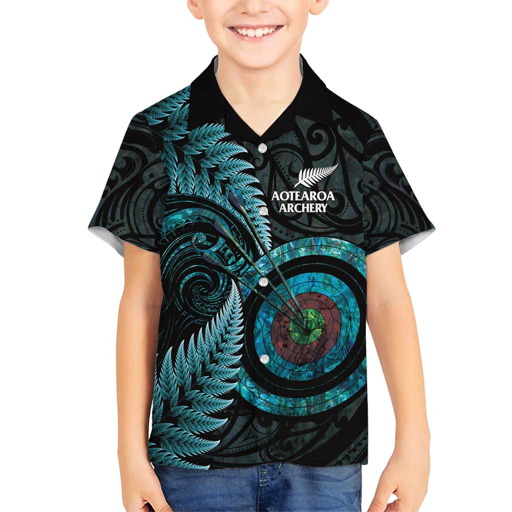 New Zealand Archery Family Matching Short Sleeve Bodycon Dress and Hawaiian Shirt Aotearoa Silver Fern Maori - Polynesian Pride