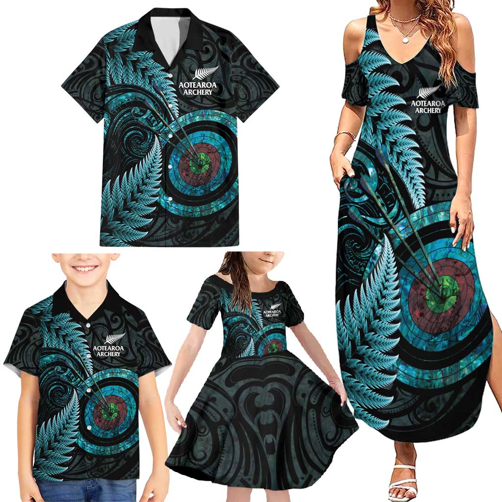 New Zealand Archery Family Matching Summer Maxi Dress and Hawaiian Shirt Aotearoa Silver Fern Maori - Polynesian Pride