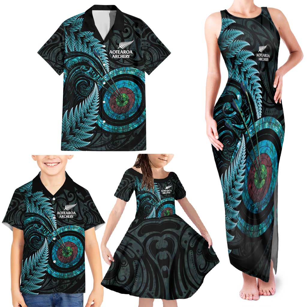 New Zealand Archery Family Matching Tank Maxi Dress and Hawaiian Shirt Aotearoa Silver Fern Maori - Polynesian Pride
