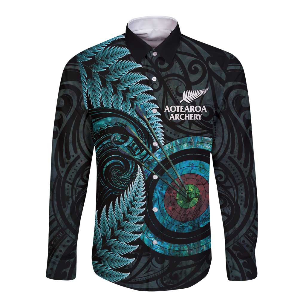 New Zealand Archery Long Sleeve Button Shirt Aotearoa Silver Fern Maori - Polynesian Pride