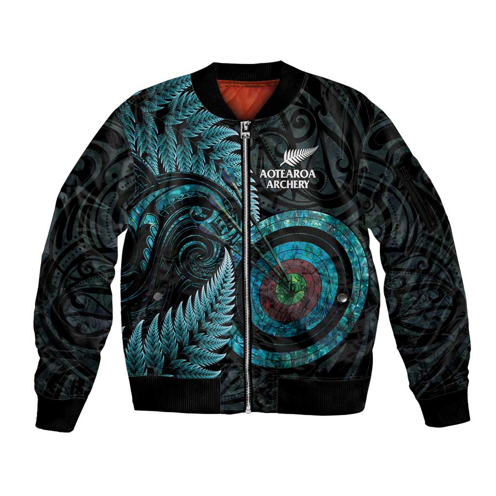 New Zealand Archery Sleeve Zip Bomber Jacket Aotearoa Silver Fern Maori - Polynesian Pride