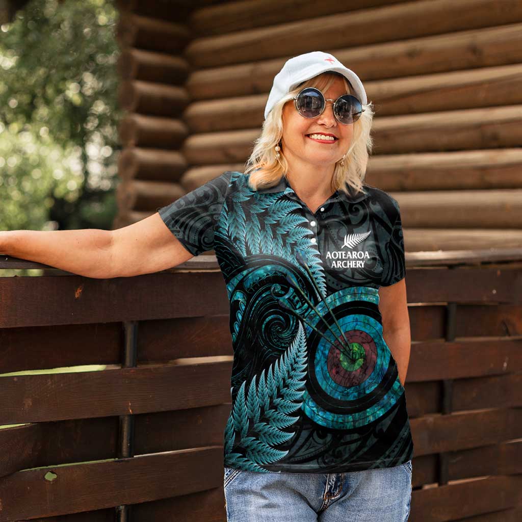 New Zealand Archery Women Polo Shirt Aotearoa Silver Fern Maori - Polynesian Pride